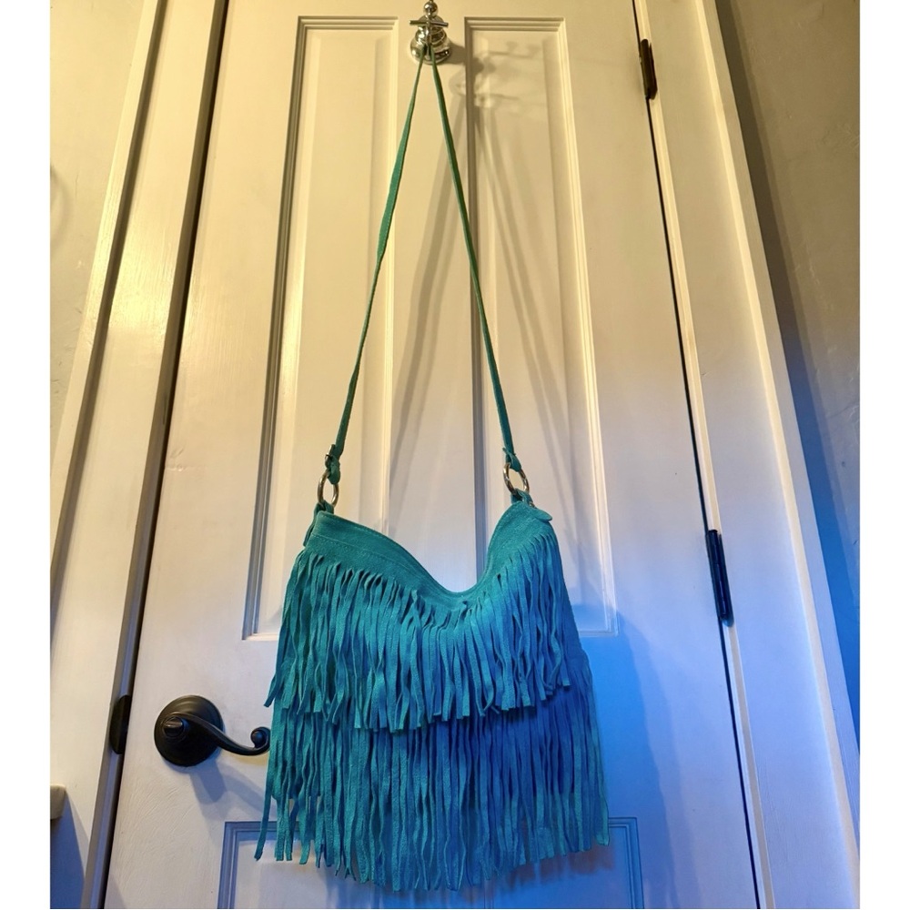 NEW LIATALIA ITALIAN SUEDE LEATHER BOHO TURQUOISE FRINGE CROSSBODY PURSE HANDBAG - Picture 4 of 14